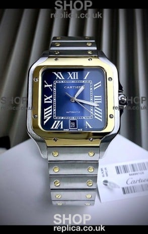 Cartier Santos De Cartier 904L Steel Blue Dial Two Tone Swiss Replica Watch 