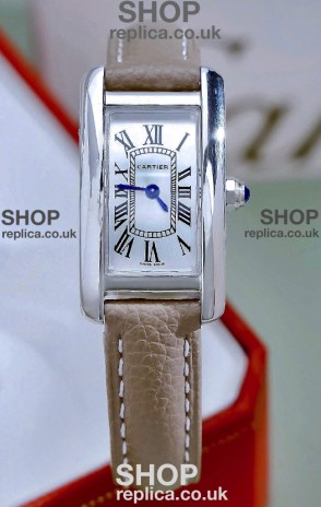 Cartier Tank Americaine Steel 19.4MM Beige Strap Swiss Quartz Watch 