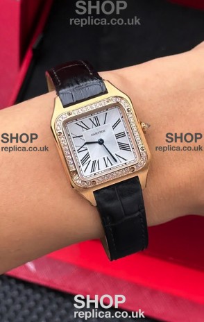 Cartier Santos Dumont in Rose Gold Casing Diamonds 27MM Super Clone Watch 