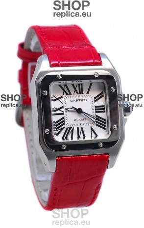 Cartier Santos 100 Japanese Ladies Replica Watch in Red Strap