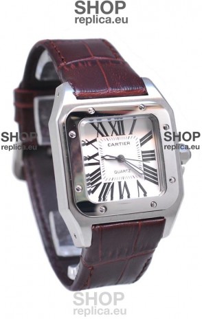 Cartier Santos 100 Japanese Ladies Replica Watch in Brown Strap