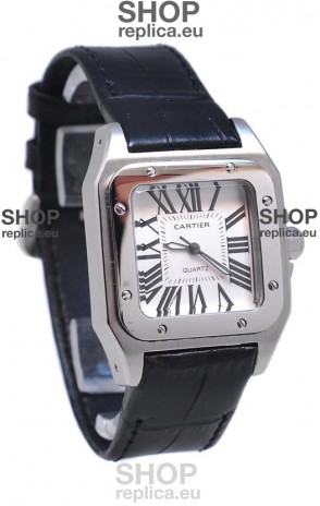 Cartier Santos 100 Japanese Ladies Replica Watch in Black Leather Strap