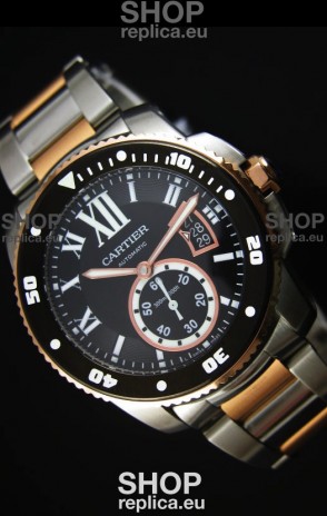 Calibre De Cartier Watch 42MM Black Dial Two Tone Case - 1:1 Mirror Replica Watch