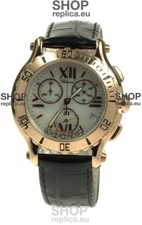Chopard Happy Sport Diamonds Edition Replica Gold Watch in Black Strap