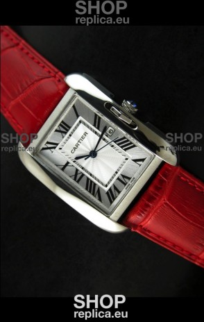 Cartier Tank Ladies Replica Watch in Steel Case/Red Strap