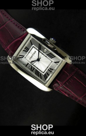Cartier Tank Ladies Replica Watch in Steel Case/Maroon Strap