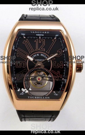 Franck Muller V45 Tourbillon Rose Gold Black Dial Brown Leather Super Clone Watch 