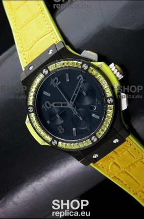 Hublot Big Bang All Black Edition in Lemon Strap and Baguette Diamonds Bezel