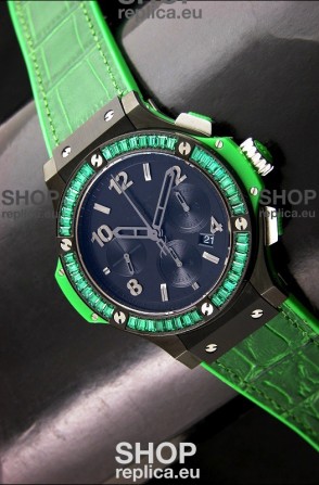 Hublot Big Bang All Black Edition in Green Strap and Baguette Diamonds Bezel