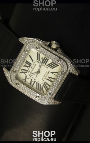 Cartier Santos 100 1:1 Mirror Replica Steel Diamonds Watch Mens Size 42MM