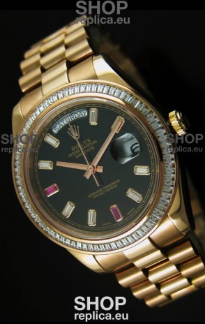 Rolex Day Date II 41MM Swiss Replica Watch - Black Dial - 1:1 Mirror Replica Watch 