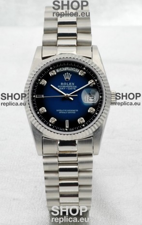 Rolex Day Date Silver Swiss Replica Watch in Blue Dial