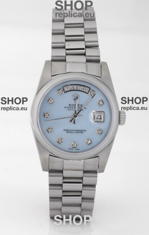 Rolex Day Date Silver Japanese Replica Watch in Mother Of Pearl Blue Dial
