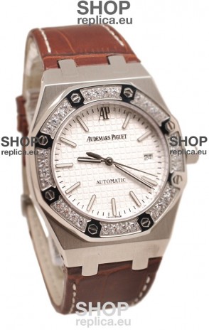 Audemars Piguet Royal Oak Steel Swiss Watch in Brown Leather Strap
