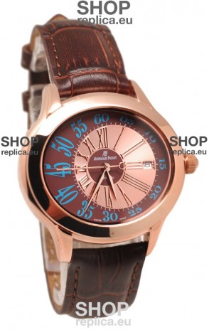 Audemars Piguet Millenary Hour and Minute Swiss Replica Rose Gold Watch in Brown Dial