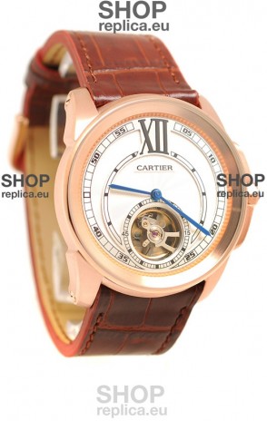 Calibre de Cartier Flying Tourbillon Japanese Replica Rose Gold Watch in Brown Strap
