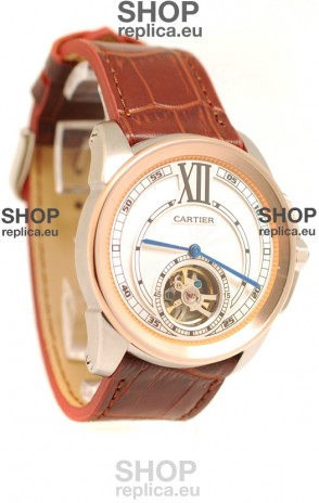 Calibre de Cartier Flying Tourbillon Japanese Replica Rose Gold Watch 