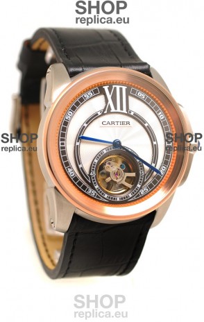 Calibre de Cartier Flying Tourbillon Japanese Replica Rose Gold Watch 