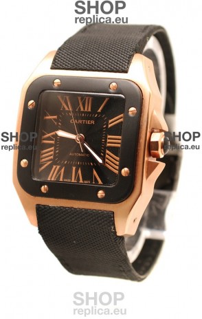 Cartier Santos 100 Swiss Replica Pink Gold Watch in Black Dial