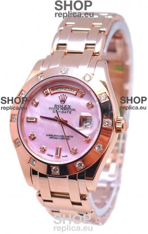 Rolex Day Date Pink Mother of Pearl Japanese Replica Watch in Diamond Markers