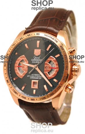 Tag Heuer Grand Carrera Japanese Replica Gold Watch in Black Dial