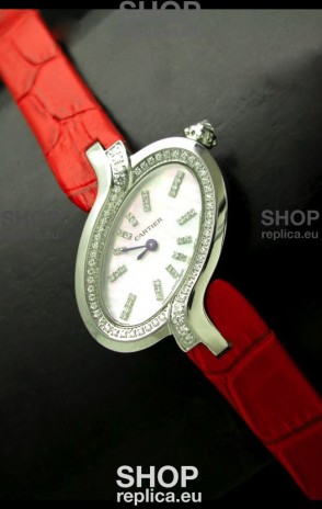 Delices De Cartier Ladies Replica Japanese Watch in Red Leather Strap