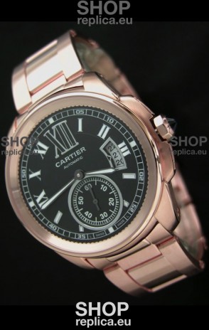 Calibre De Cartier Japanese Automatic Replica Rose Gold Watch in Black Dial