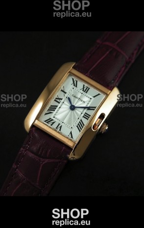 Cartier Louis Japanese Replica Ladies Rose Gold Watch in Red Wine Strap