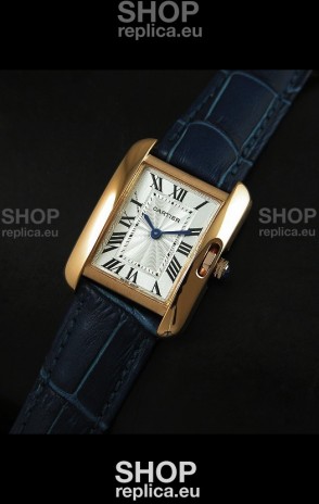 Cartier Louis Japanese Replica Ladies Rose Gold Watch in Blue Strap