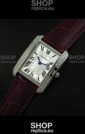 Cartier Louis Japanese Replica Ladies Diamond Watch in Brown Strap