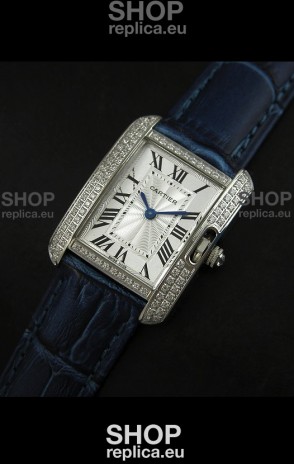 Cartier Louis Japanese Replica Ladies Diamond Watch in Blue Strap