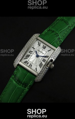 Cartier Louis Japanese Replica Ladies Diamond Watch in Green Strap