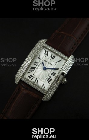 Cartier Louis Japanese Replica Ladies Diamond Watch in Brown Strap