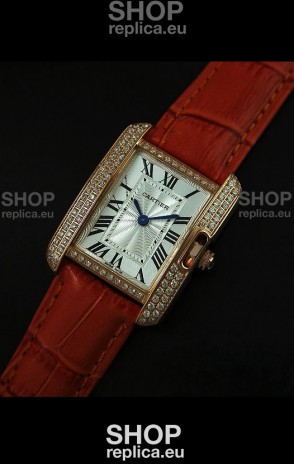 Cartier Louis Japanese Replica Ladies Rose Gold Diamond Watch in Orange Strap