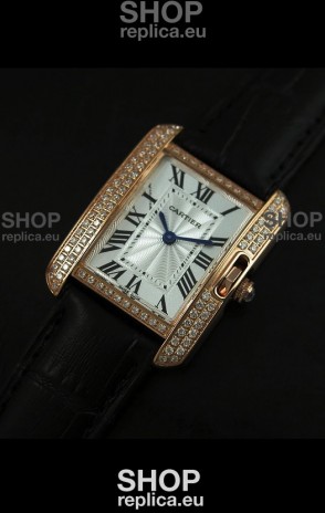 Cartier Louis Japanese Replica Ladies Rose Gold Diamond Watch in Black Strap