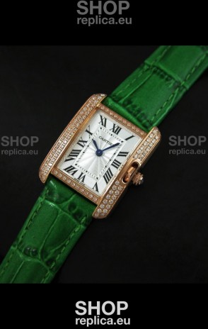 Cartier Louis Japanese Replica Ladies Rose Gold Diamond Watch in Green Strap