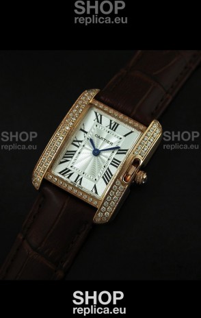 Cartier Louis Japanese Replica Ladies Rose Gold Diamond Watch in Brown Strap