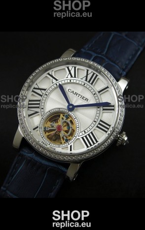 Cartier Ronde de Tourbillon Japanese Replica Diamond Watch in Blue Strap
