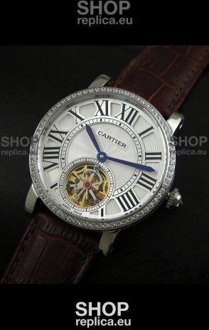 Cartier Ronde de Tourbillon Japanese Replica Diamond Watch in Brown Strap