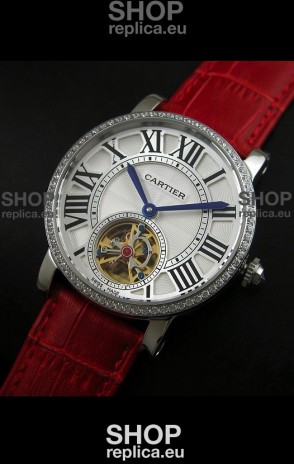 Cartier Ronde de Tourbillon Japanese Replica Diamond Watch in Red Strap