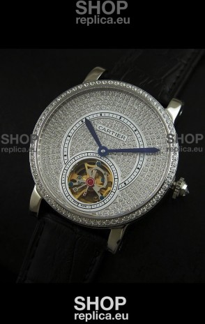 Cartier Ronde de Tourbillon Japanese Replica Diamond Watch in Black Strap