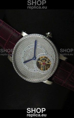 Cartier Ronde de Tourbillon Japanese Replica Diamond Watch in Purple Strap