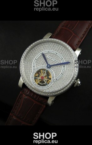Cartier Ronde de Tourbillon Japanese Replica Diamond Watch in Brown Strap