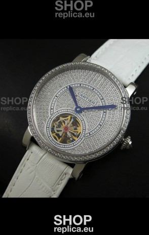 Cartier Ronde de Tourbillon Japanese Replica Diamond Watch in White Strap