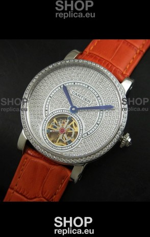 Cartier Ronde de Tourbillon Japanese Replica Diamond Watch in Orange Strap