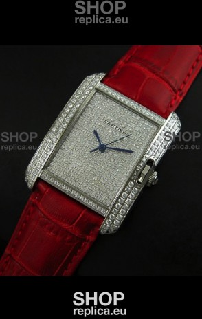 Cartier Tank Anglaise Ladies Replica Watch in Steel/Red Strap