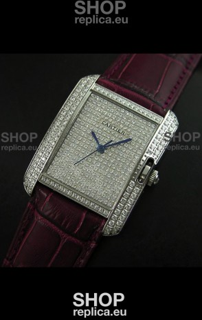 Cartier Tank Anglaise Ladies Replica Watch in Steel/Maroon Strap