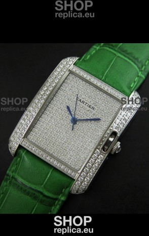 Cartier Tank Anglaise Ladies Replica Watch in Steel/Green Strap