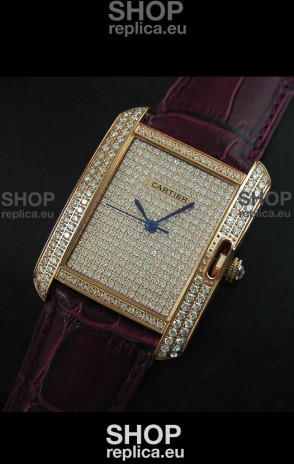 Cartier Tank Anglaise Ladies Replica Watch in Gold Case/Maroon Strap