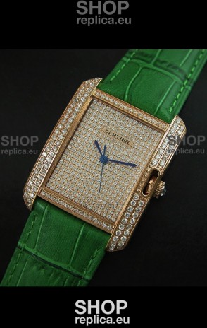 Cartier Tank Anglaise Ladies Replica Watch in Gold Case/Green Strap